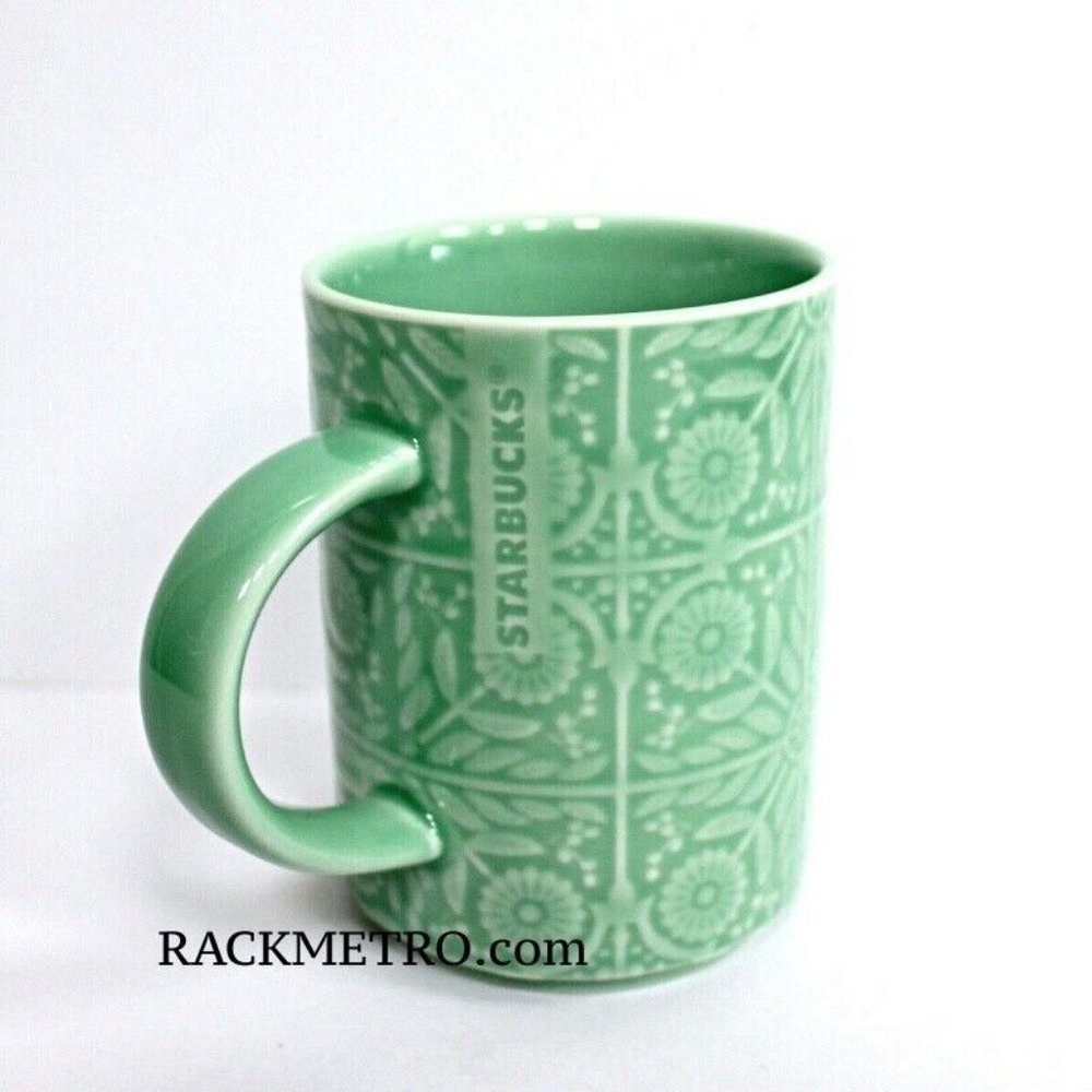 Starbucks Jade Green Floral Handle Coffee Mug Cup 12 oz